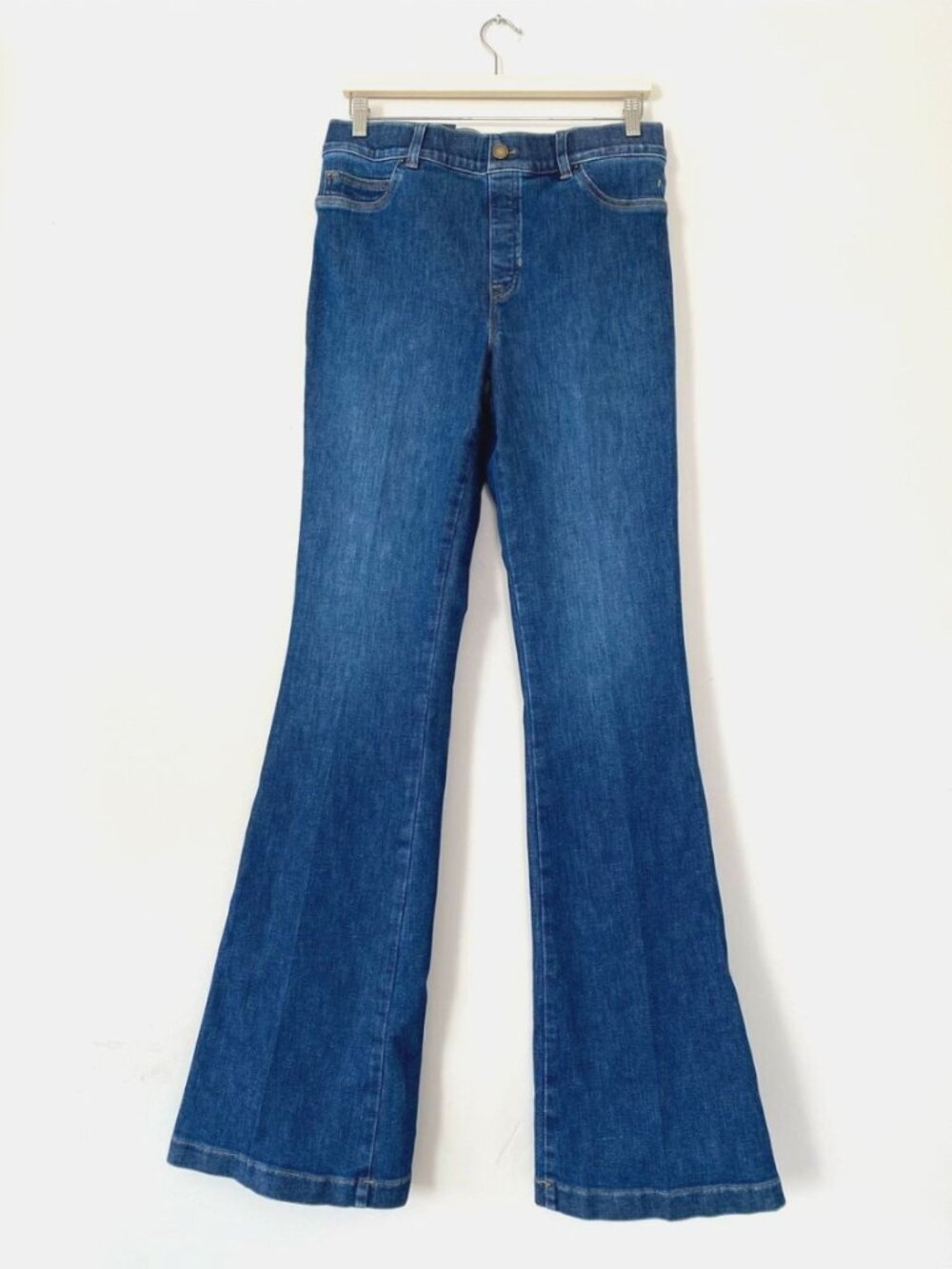 SPANX Dark Blue Flare Pull-On Jeans Sz L Tall Stretch Tammy Tac Boho Chic